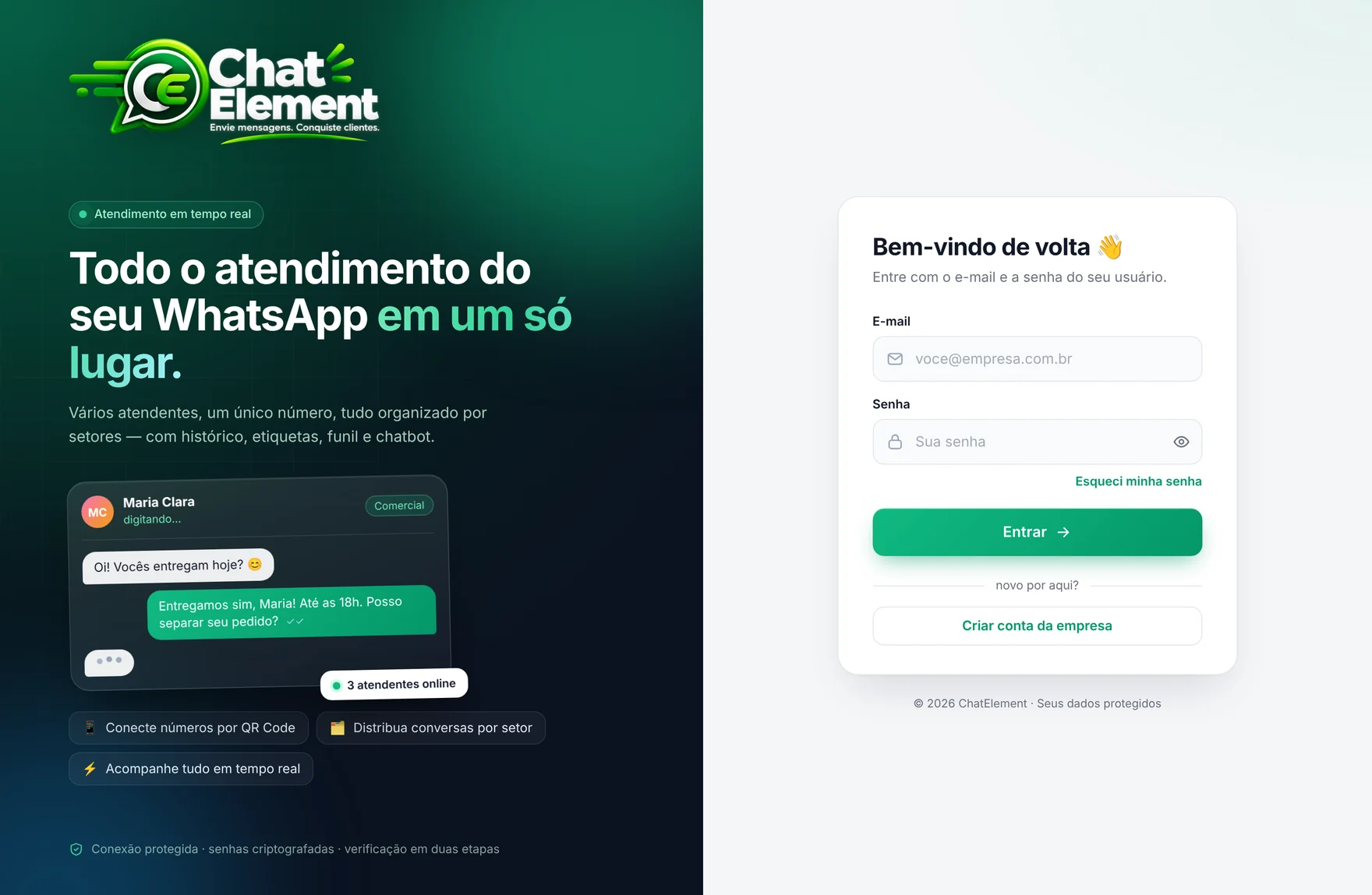 Tela de login do painel ChatElement